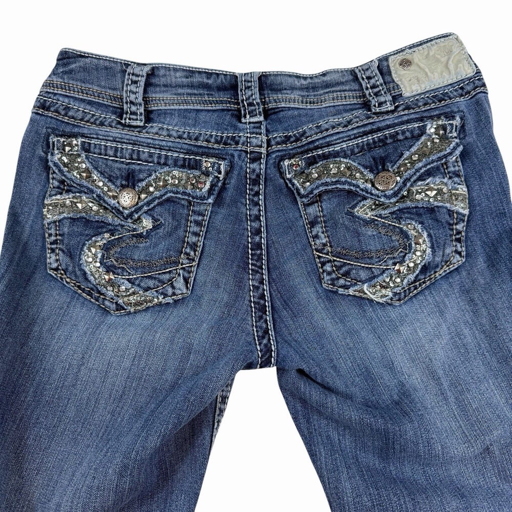 Silver Jeans Co. Women Sz 30×32 Suki Flap 17" Rhinestone Back Pocket Blue Jeans